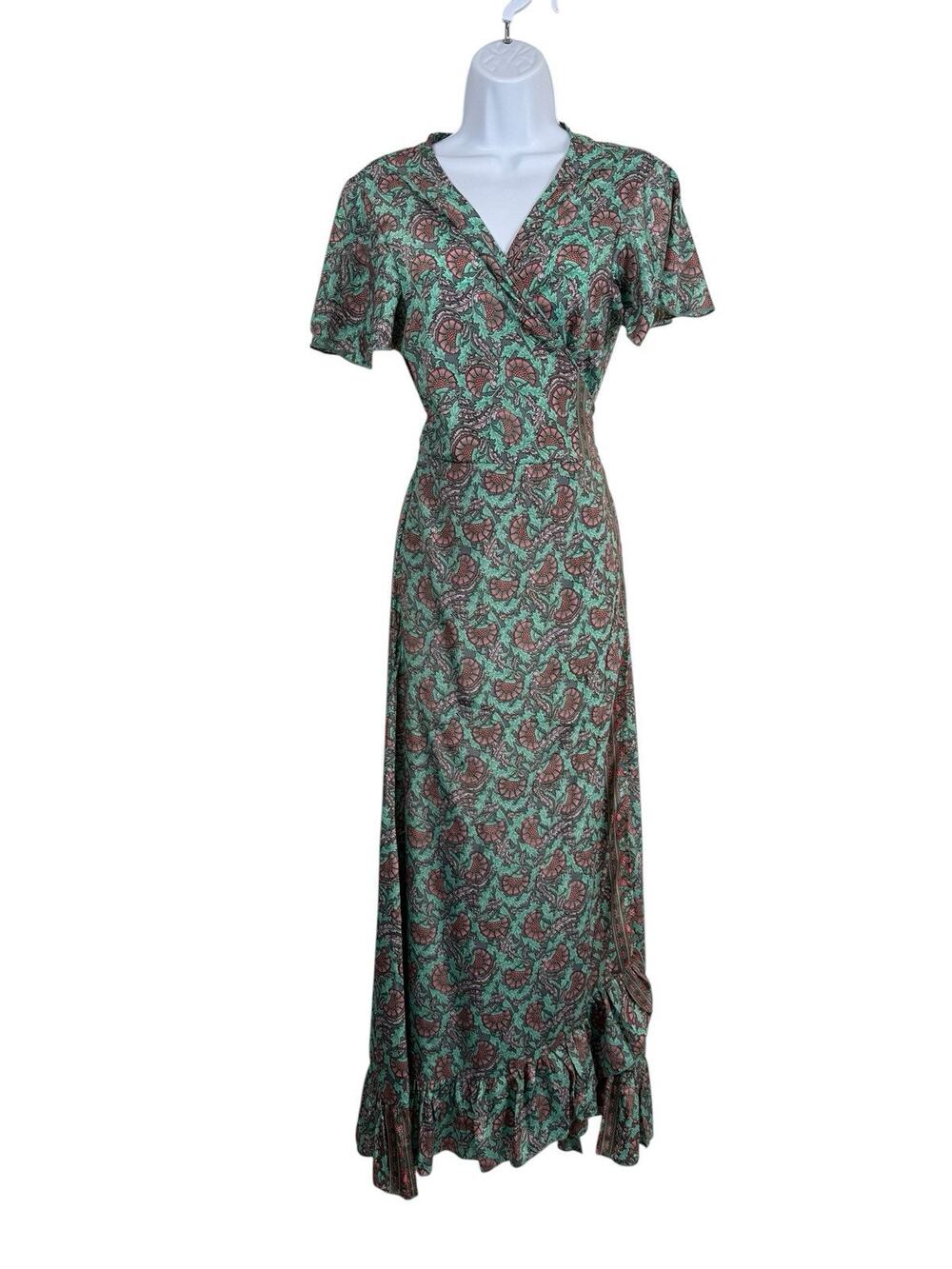 Cienna Dress Small Green Gold Floral Silk Blend Boho Maxi Wrap India Festival